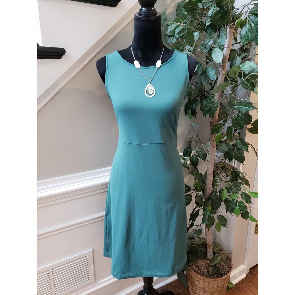 Eddie Bauer Midi Dress Women's Large Blue Sleeveless Round Neck Stretch Pullover